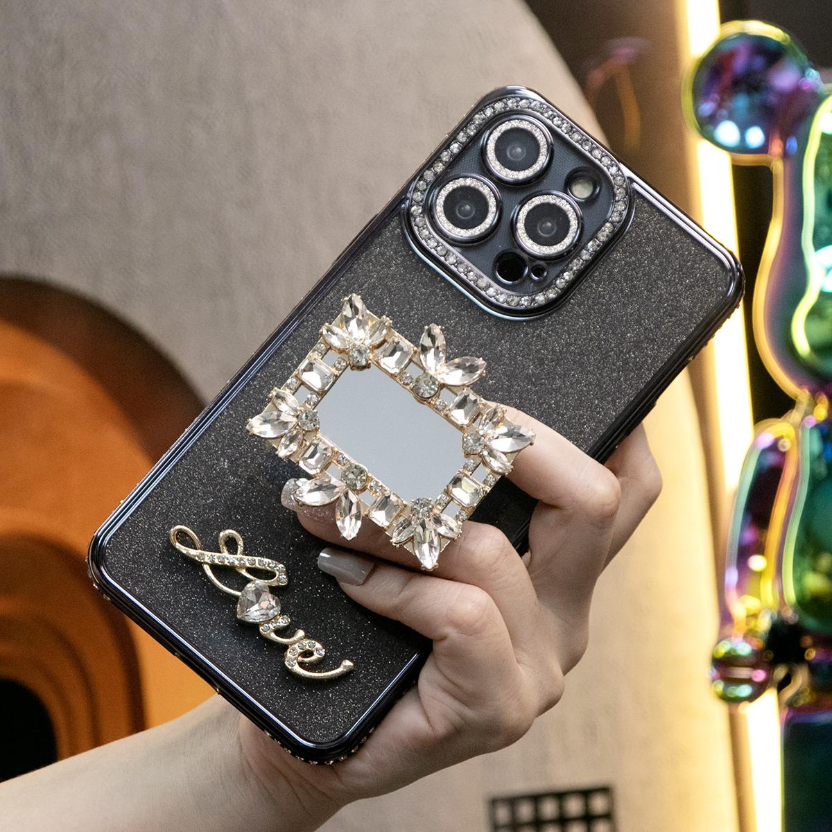 Plating Glitter Diamond Rhinestone Mirror Kickstand Love Phone Case For iPhone 16 15 14 13 12 11 Pro Max