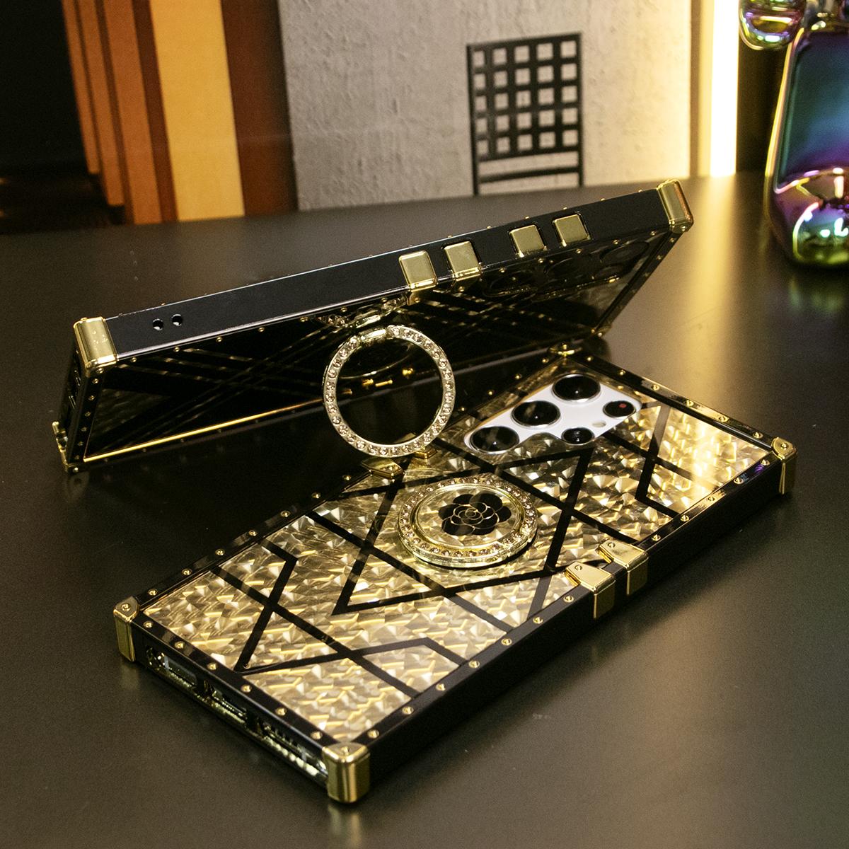 Luxury Glitter Phantom Stripe Flower Heavy Duty Protection Ring Stand Cover Plating Phone Case For Samsung S25Ultra S25 S24 S23 S22 S21 FE Plus Ultra Note20 A55 A54 A35 A34 A25 A24 A15 A14