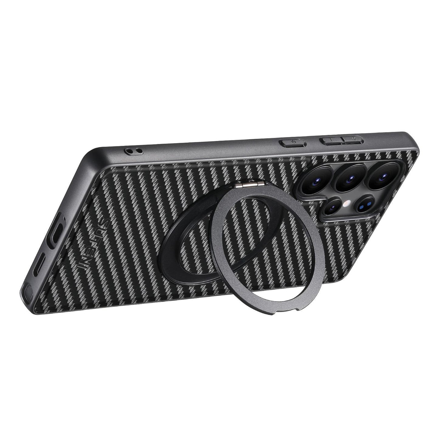 For Samsung S25 S24 S23 S22 Ultra Plus Phone Case, Smooth Surface Carbon Fiber Pattern Leather Metal Kickstand Shockproof Support Wireless Charging Hard Phone Case