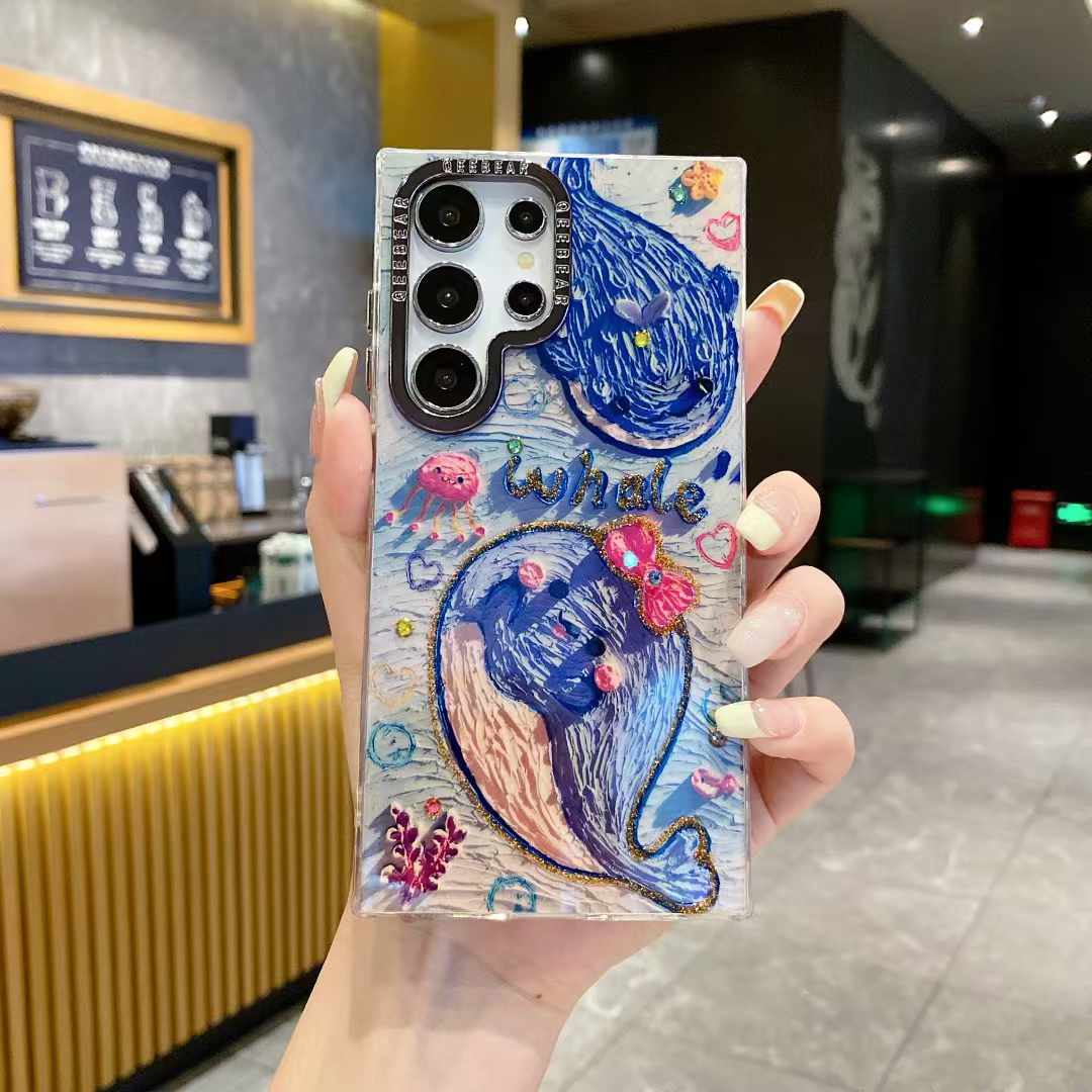 For Samsung S25 S24 S23 S22 A34 A35 A53 A54 A55 Note20Ultra Phone Case, Luxury Elegant Colorful Rainbow Whale Dolphin Flower Oil Painting Metal Camera Frame Anti-drop Hard Shockproof Full Cover