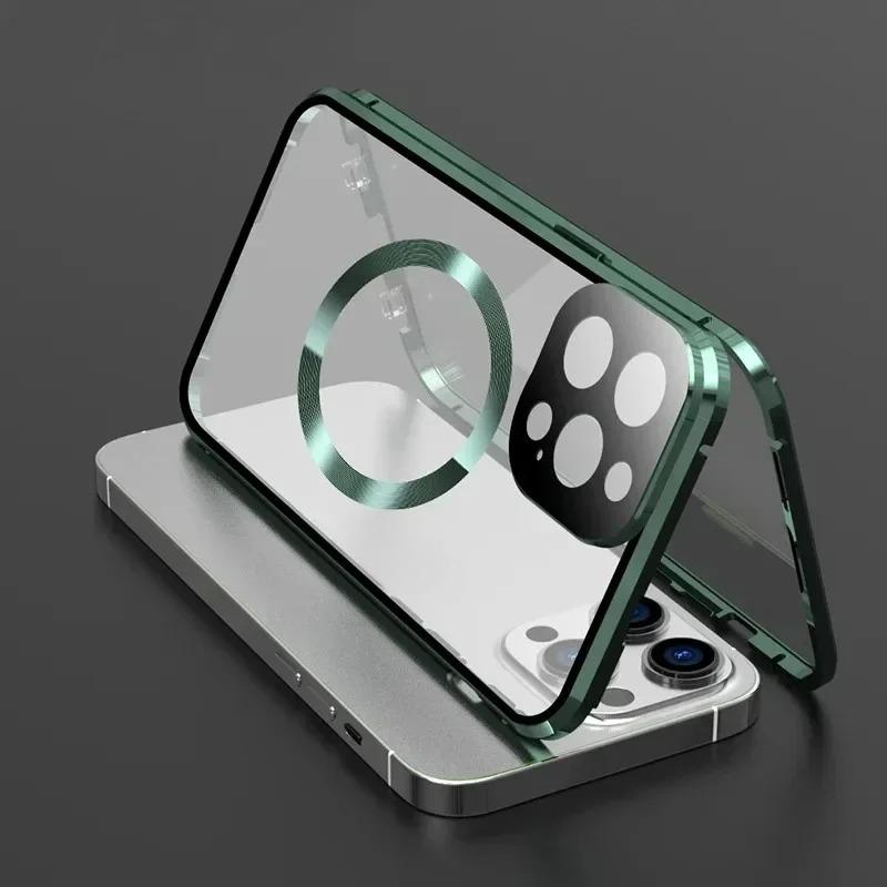 360 Full Protection Metal Magnetic Double Sided Phone Case For iPhone 16 15 14 13 12 Pro Max Plus For Magsafe Case Glass Magnetic Ring For Wireless Charging Snap Lock Full Cover