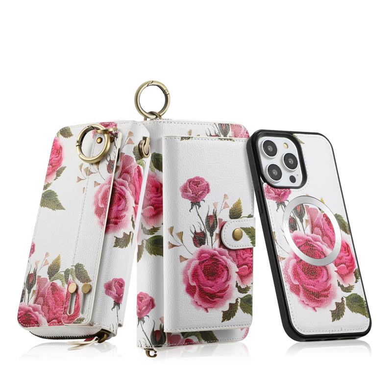 Flower Phone Case For iPhone 16 15 14 Plus 13 12 Pro MAX Multifunction Zipper Leather Magnetic Wallet Split Cover