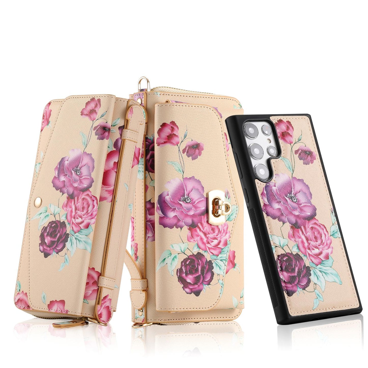 Flower Leather Magnetic Wallet Upgrade Hand Strap Phone Case For Samsung Galaxy S23 Ultra S22 Plus Note 20 Ultra Multifunction Zipper Business Split Cover POLA 001