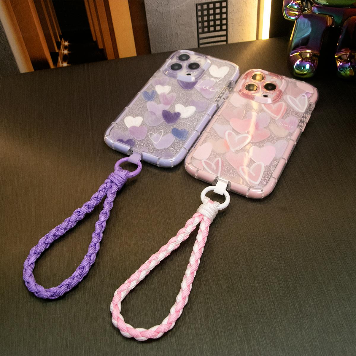 Love Heart Soft Shockproof Bumper Transparent Phone Case With Woven Wristband for iPhone 15 14 13 12 11 Plus Pro Max