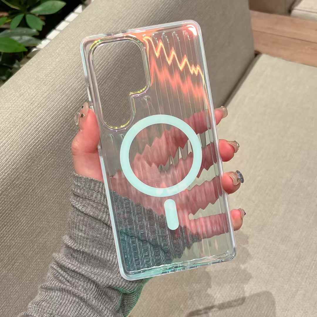 Transparent Gradient Corrugated Grille Suitcase Strong Magnetic Hard Polycarbonate Shockproof Phone Case with Bumper Strip for Samsung S25Ultra Matte Frozen Fog Full Cover