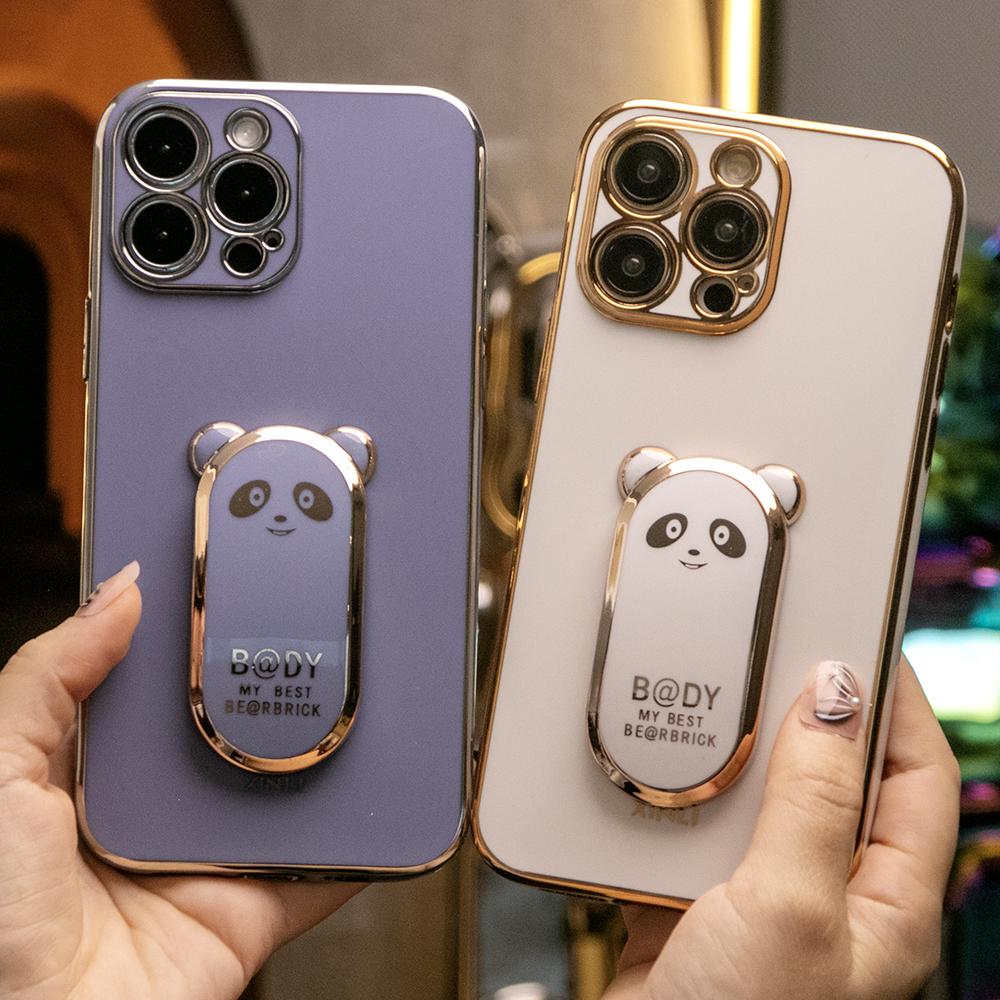 Panda Kickstand Plating Phone Case for iPhone 16ProMax 16 15 14 13 12 11 Pro Max