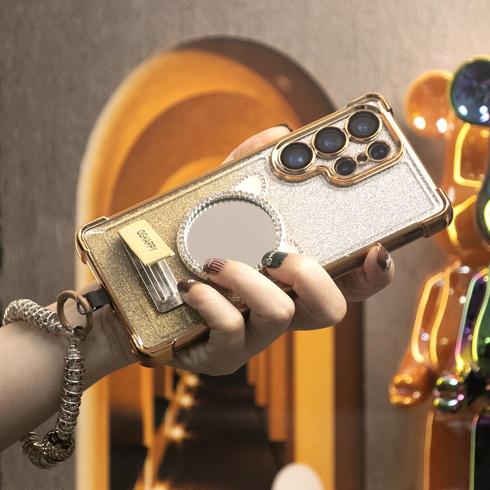 Gradient Plating Four Corners Cat Mirror Thin Kickstand Case with Pearl Diamond Wristband for Samsung S25Ultra S25 S24 S23 S22 S21 Note20 A53 A54 A55 Hard Acrylic Bumper Full Cover