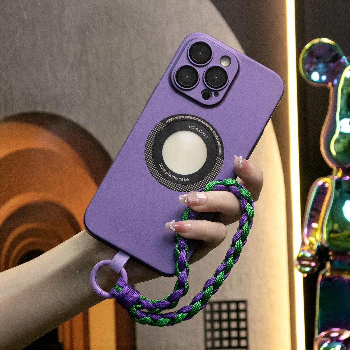 Magnetic Wireless Charging Camera Film Protector Logo Hole PC Hard PC Cover Phone Case With Woven Wristband for iPhone 15 14 13 12 Pro Max