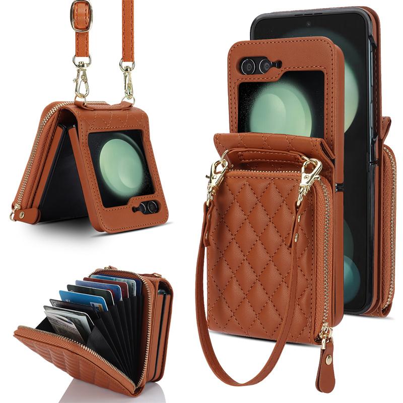 Crossbody Wrist Strap Phone Case for Samsung Galaxy Z Flip 6 5 4 Flip6 Flip5 Flip4 Flip3 Leather Wallet  with Card Holder Cover
