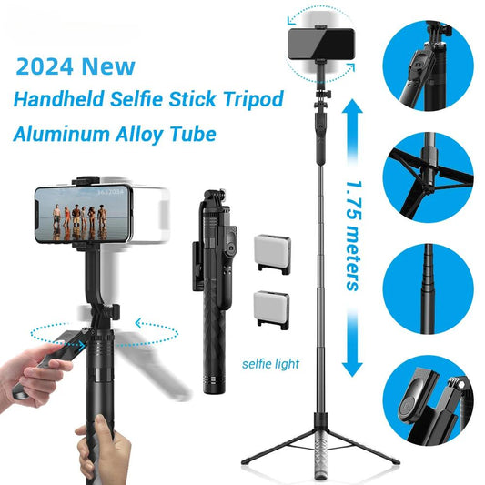 Perche à selfie sans fil 1750 mm, trépied pliable, monopode avec lumière LED pour smartphones, prise de vue stable et équilibrée en direct