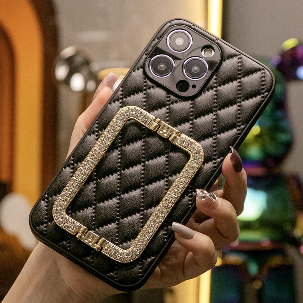 3D Crystal Square Holder Lattice Leather Phone Case for iPhone 16 15 14 13 12 Pro Max