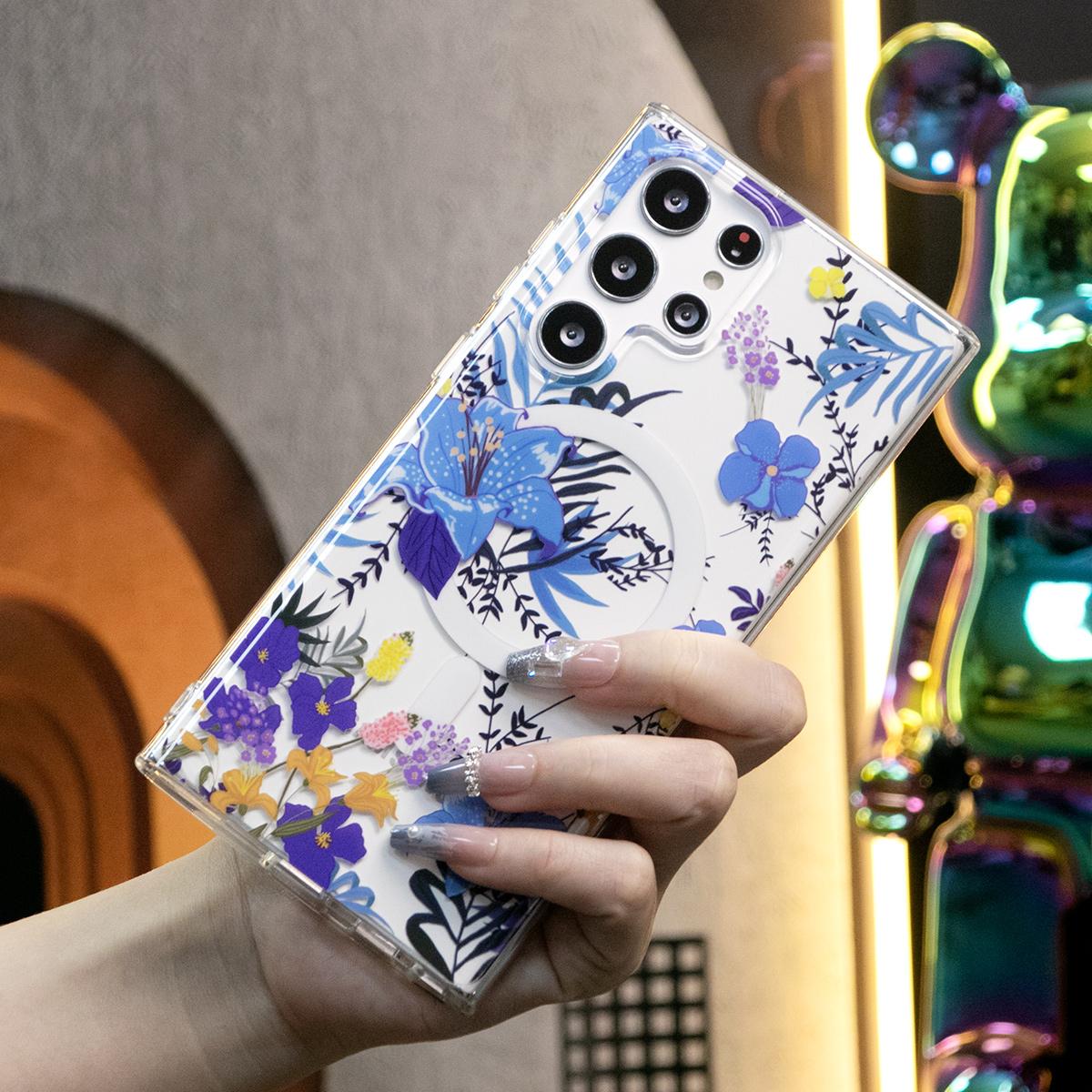 For Samsung S24 S23 S22 S21 Note20 Ultra Case, Clear Flower Magnetic, Glitter Luxury Elegant Case Camera Protection Shockproof Hard Cover