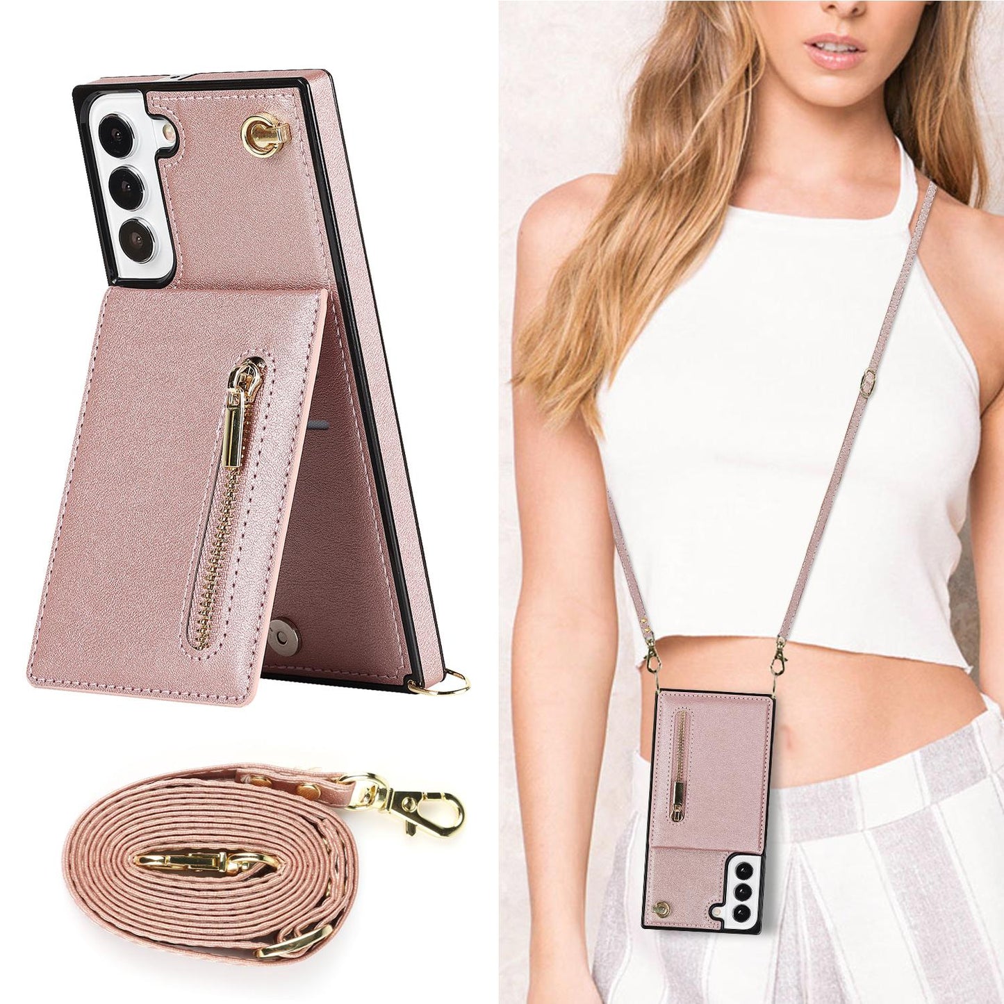 Crossbody Wallet Case Case For Samsung Galaxy S24 S23 S22 Plus Note 20 Ultra With Card Slot Holder, Magnetic Flip Folio Purse Case, PU Leather Zipper Handbag With Detachable Lanyard Strap