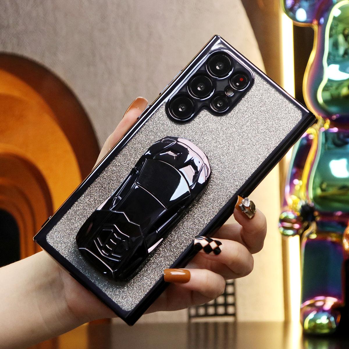 Luxury Cool Sports Car Holder Glitter Clear Gradient TPU Plating Shockproof Soft Phone Case For Samsung S24Ultra S24FE S24 S23 S22 S21 FE Plus Ultra
