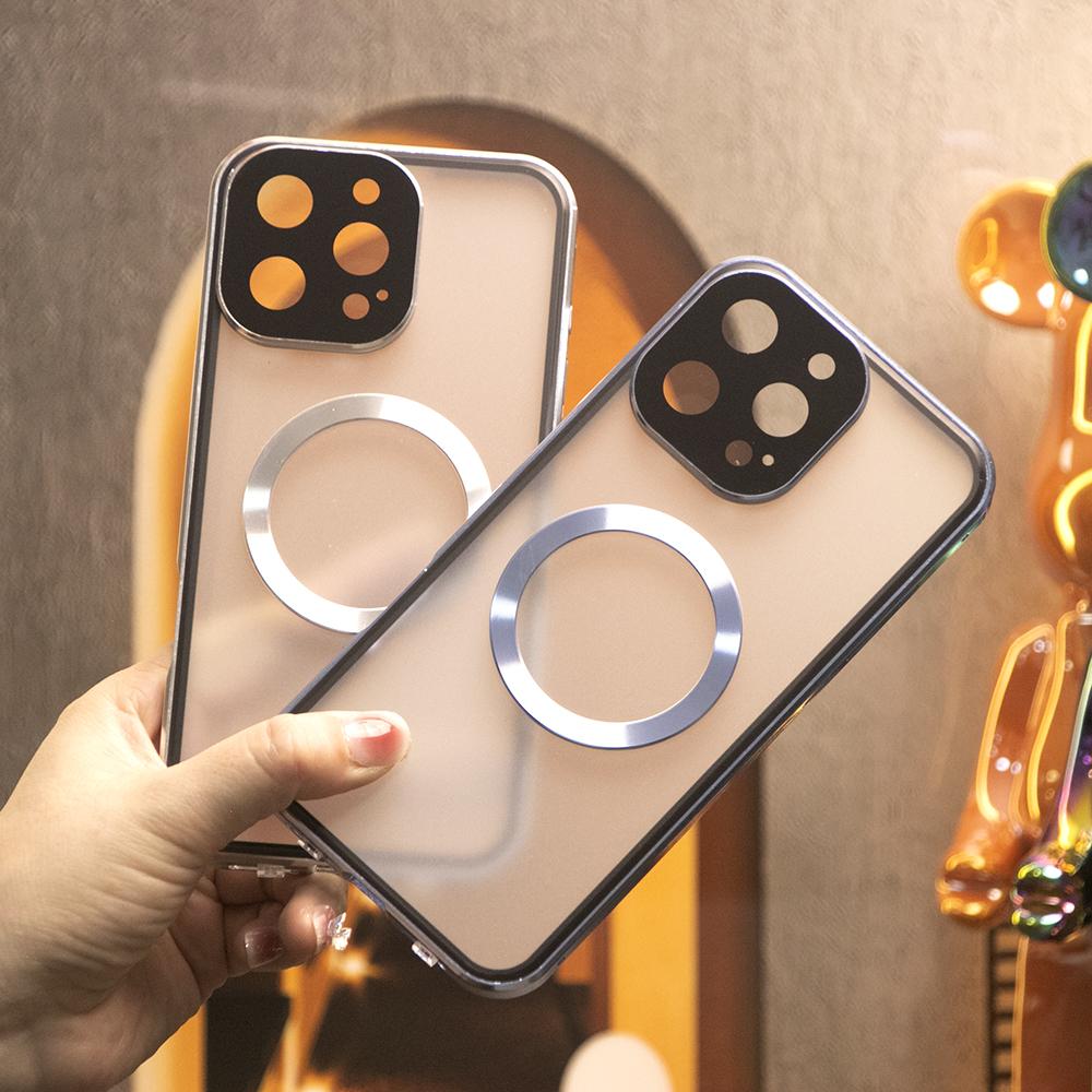 Double Sided HD Glass Matte Back Cover Aluminium Alloy For Magsafe Full Cover 360 Magnetic Ring High Definition Metal Case For iPhone 16ProMax 16 15 14 13 12 Pro Max Glass Full Cover