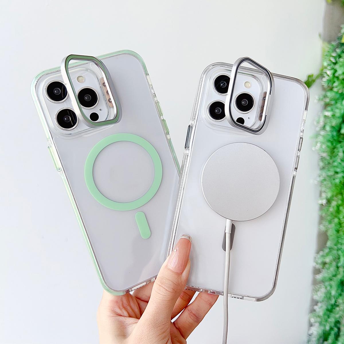 Dual Color Lens Stand Magnetic For Magsafe Wireless Charging Phone Case For iPhone 16 15 14 13 Pro Max Plus Clear TPU Acrylic Hard Cover