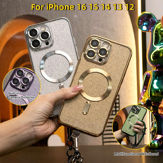 Glitter Magnetic Wireless Charge Transparent Soft Phone Case With Multifunctional Climbing Rope For iPhone 16 15 14 13 12 11 Pro Max