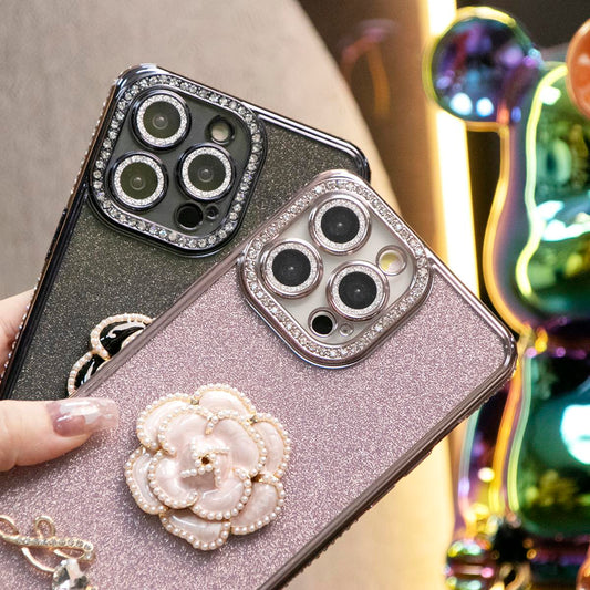 Plating Glitter Diamond Flower Love Phone Case For iPhone 16 15 14 13 12 11 Pro Max XR XS X XSMax
