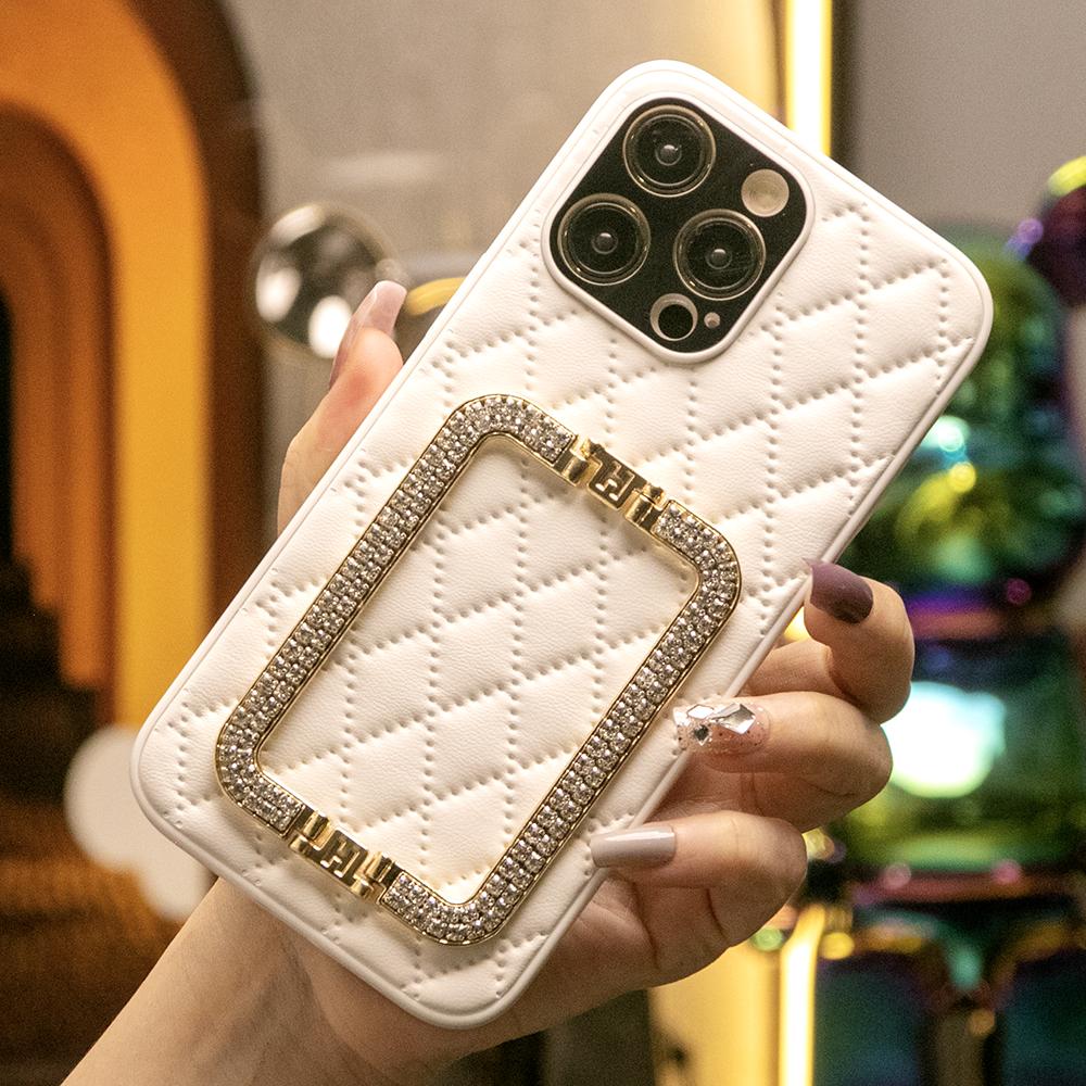 3D Crystal Square Holder Lattice Leather Phone Case for iPhone 16 15 14 13 12 Pro Max