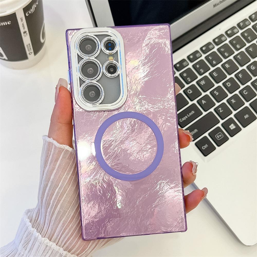 For Samsung S25 S24 S23 A16 A15 A25 A35 A36 A54 A55 A56 Phone Case, Electroplating Magnetic Laser Flow Silk Pattern Acrylic Slim With Glitter Len Protector, Protection Non-Yellowing Hard Cover
