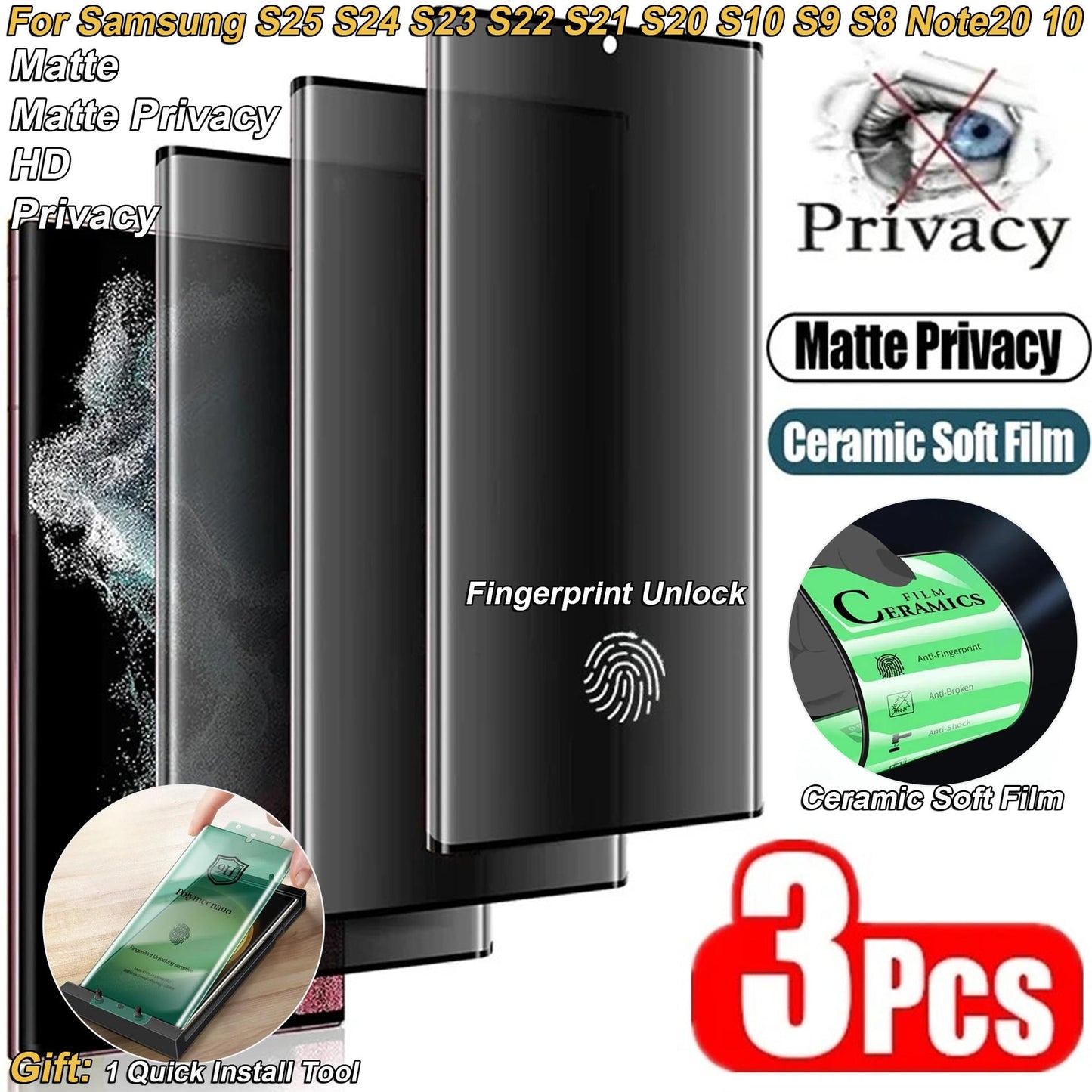 3Pcs Matte/High Definition Anti-Broken Soft Ceramic Privacy Screen Protector for Samsung S25Ultra S25 S21 S20 S22 S23 S24 Ultra Note 20 10 S8 S9 S10 Plus Anti Spy Film No Glass