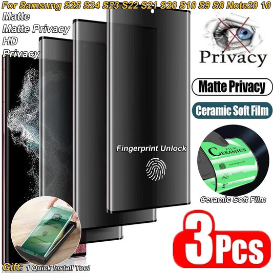 3Pcs Matte/High Definition Anti-Broken Soft Ceramic Privacy Screen Protector for Samsung S25Ultra S25 S21 S20 S22 S23 S24 Ultra Note 20 10 S8 S9 S10 Plus Anti Spy Film No Glass