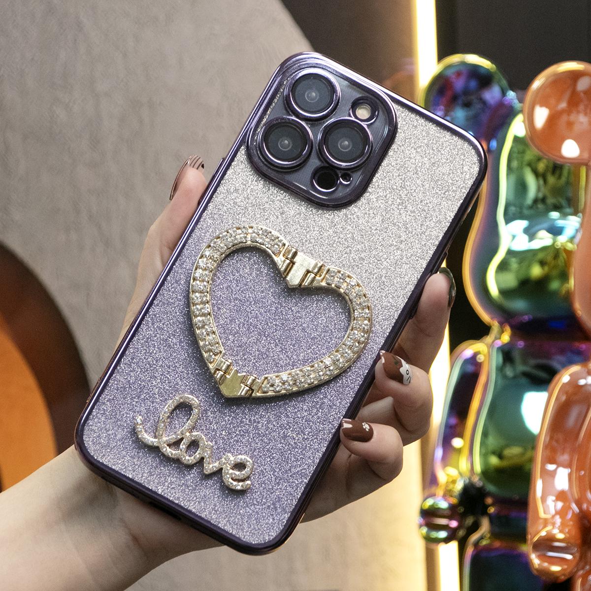 Glitter Transparent Gradient Diamond Love Heart Holder Plating Phone Case For iPhone 16ProMax 16 15 14 13 12 Pro Max Clear Soft TPU Back Cover