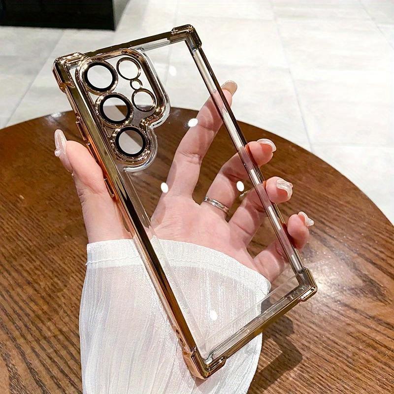 Electroplated Four Corners Anti-fall Transparent Hard PC Phone Case For Samsung S25 S24 S23 S22 S21 Note20 A54 A55, Full Cover with Camera Protector