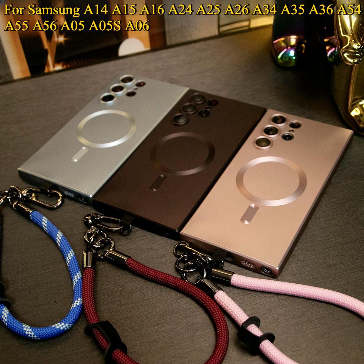 For Samsung A14 A15 A16 A24 A25 A26 A34 A35 A36 A54 A55 A56 A05 A05S A06 Phone Case, Metallic Paint Magnetic Soft Glossy Slim, Full Camera Cover With Multifunctional Climbing Rope