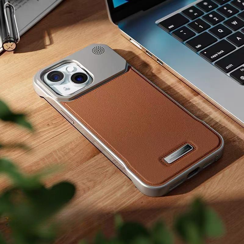 Leather Aromatherapy Frameless Heat Dissipation Aluminium Alloy Strong Magnetic Len Protection Phone Case For iPhone 16ProMax 15 14 13 12 11, Skin Feel Shockproof Hard Full Cover