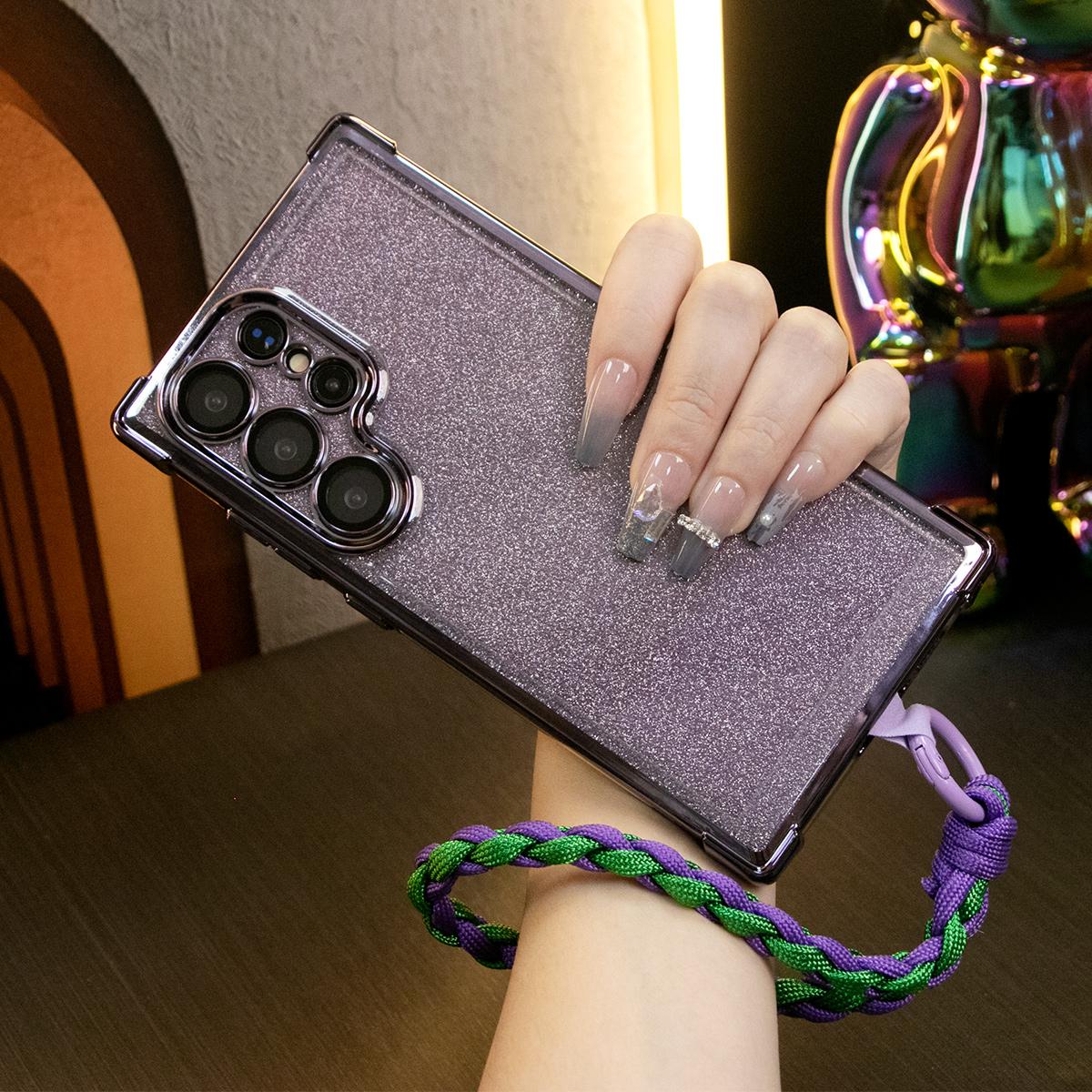Luxury Glitter Plating Four Corners Shockproof Clear Case With Woven Wristband for Samsung Galaxy S24Ultra S24FE S24 S23FE S22 S21 Plus Transparent Hard Acrylic Hybrid Bumper Armor Cover
