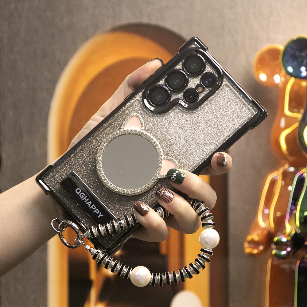 Gradient Plating Four Corners Cat Mirror Thin Kickstand Case with Pearl Diamond Wristband for Samsung S25Ultra S25 S24 S23 S22 S21 Note20 A53 A54 A55 Hard Acrylic Bumper Full Cover