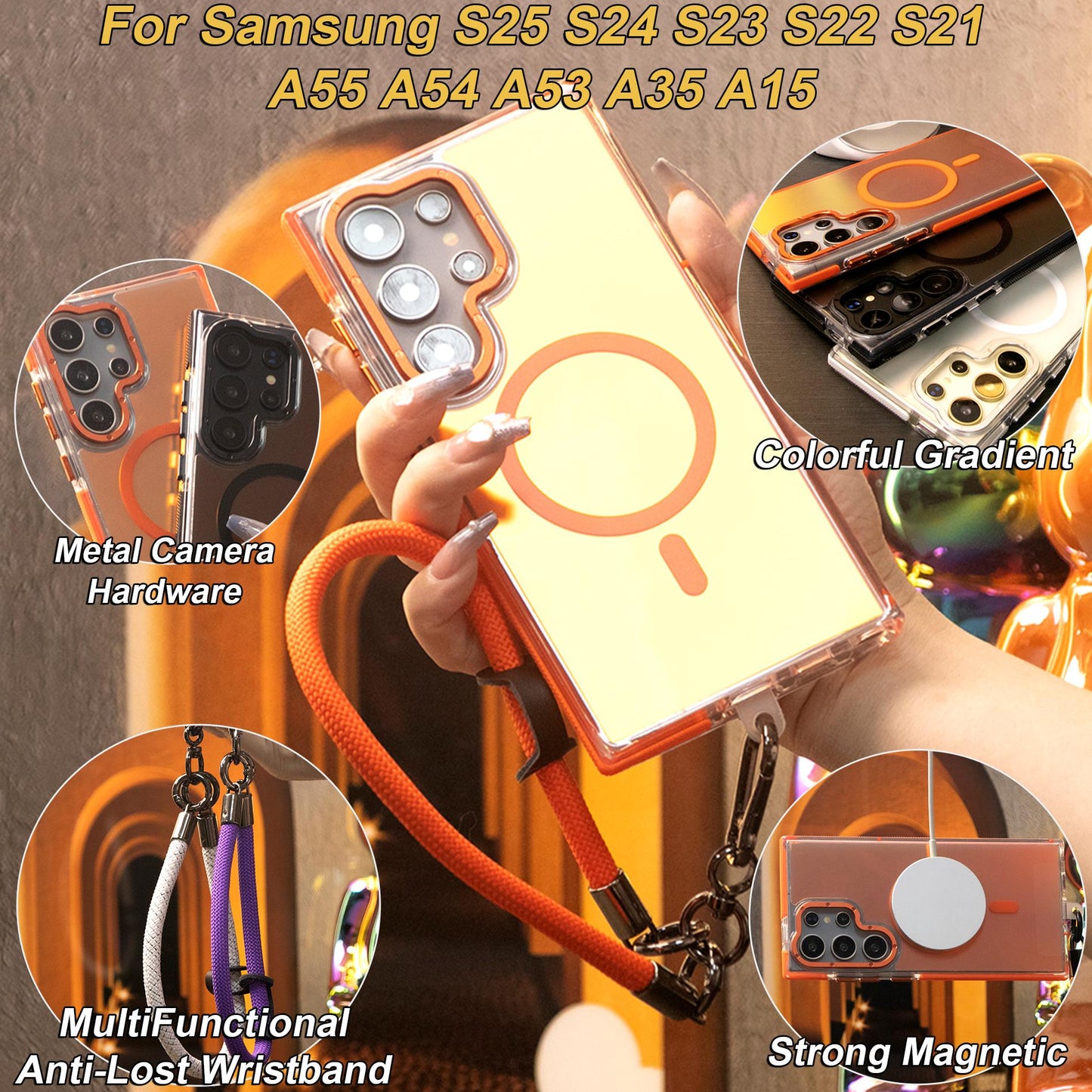 Laser Gradient Chameleon Strong Magnetic Case With Multifunctional Wristband For Samsung S25Ultra S24 S23 S22 S21FE A06 A15 A16 A25 A35 A36 A53 A54 A55 Metal Frame Acrylic Shockproof Cover
