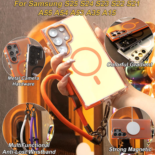 Laser Gradient Chameleon Strong Magnetic Case With Multifunctional Wristband For Samsung S25Ultra S24 S23 S22 S21FE A06 A15 A16 A25 A35 A36 A53 A54 A55 Metal Frame Acrylic Shockproof Cover