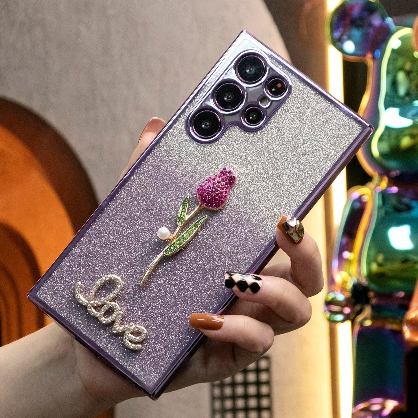Luxury Diamond Plating Rose Flower Glitter Clear Gradient TPU Plating Shockproof Soft Phone Case For Samsung S24Ultra S24FE S24 S23 S22 S21 FE Plus Ultra