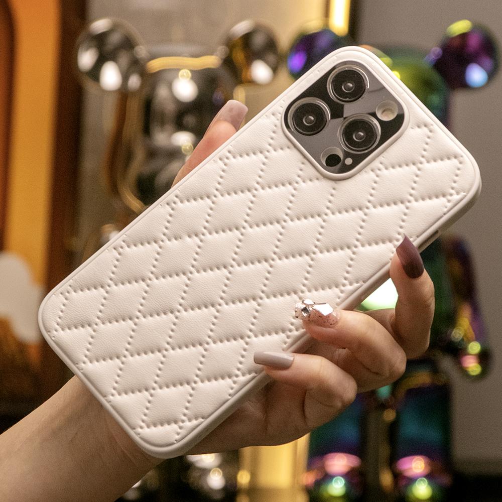 Elegant Lattice Leather Hard Phone Case for iPhone 16 15 14 13 12 Pro Max Full Cover