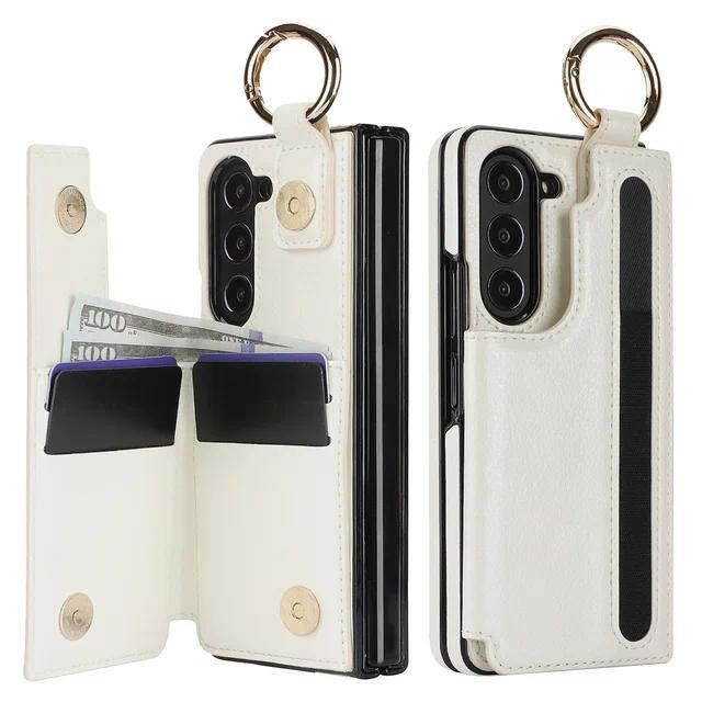 PU Leather Ring Phone Case for Samsung Galaxy Z Fold 6 5 4 3 Fold5 Fold4 Fold3 5G Wallet with Pen Holder & Card Slot (No Pen)