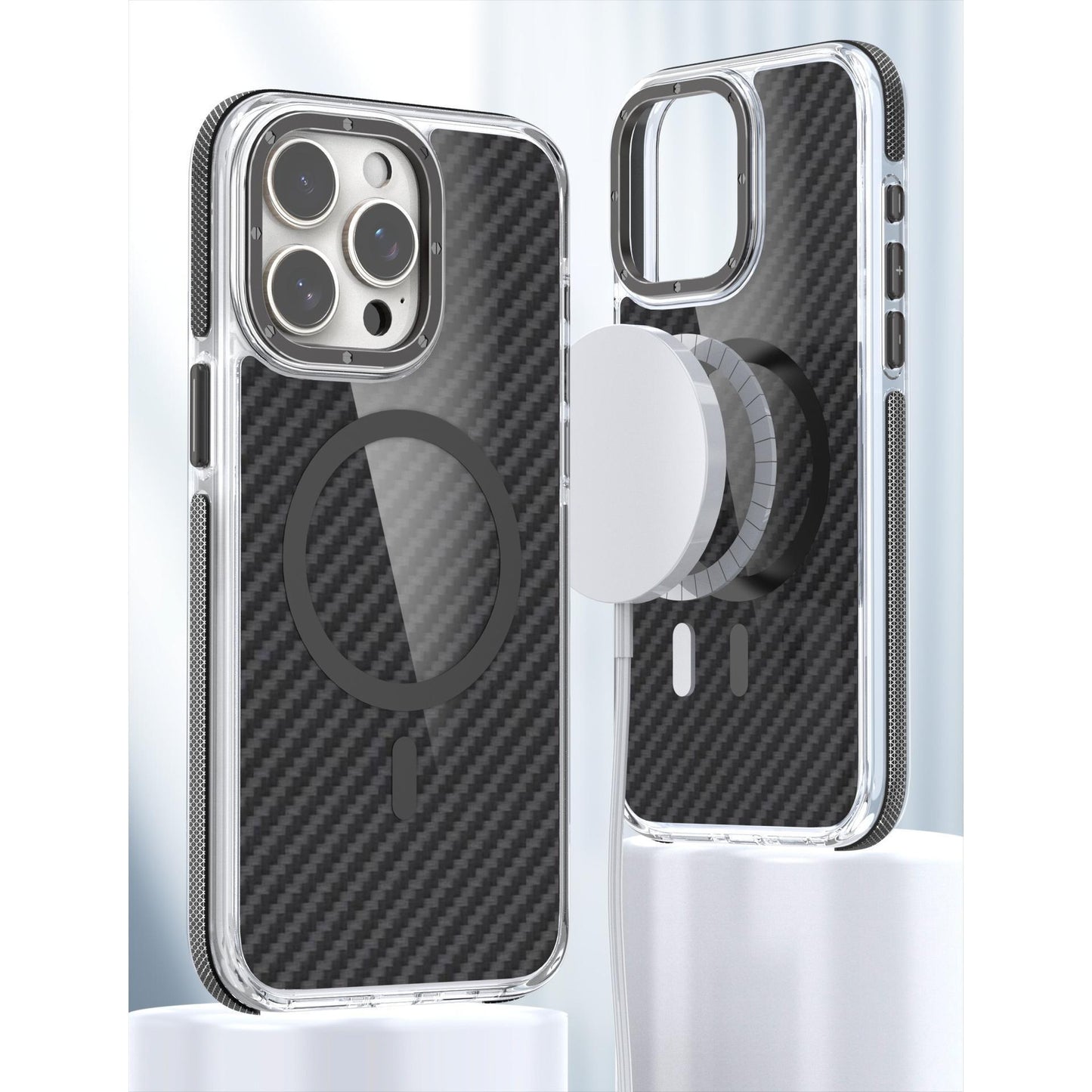 For iPhone 16 15 14 13 12 11 Pro Max Phone Case, Premium Strong Magnetic Carbon Fiber Metal Camera Frame Acrylic Clear Shockproof Anti-Fall Bumper for Magsafe Non-Yellowing Hard Full Cover