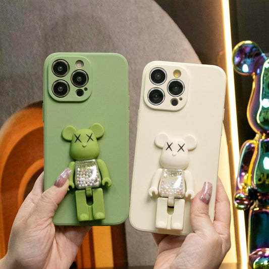 Imitation Liquid Silicone Matte Shockproof Frosted Candy Bear Stand Phone Case For iPhone 16 15 14 13 12 11 Plus Pro Max Camera Protect Soft Cover