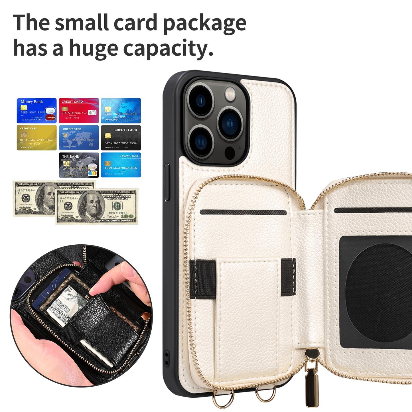 Zipper Crossbody Wallet Phone Case for iPhone 15 14 Plus 13 Pro Max Mirror Metal Chain Lanyard Card Slot Holder Leather Cover