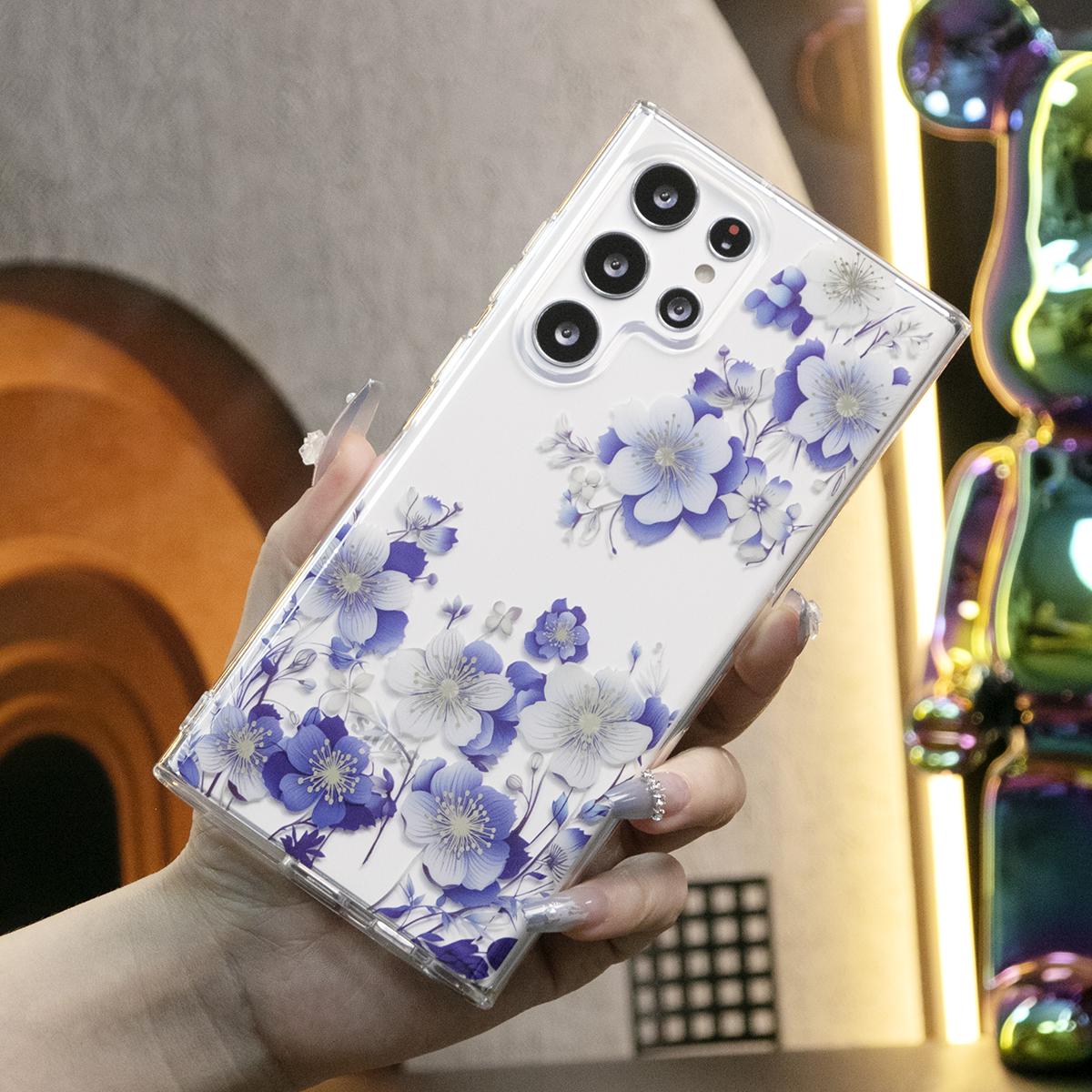 Clear Phone Case Compatible for Samsung S25 S25Plus S25Ultra S24 S24FE S24Plus S24Ultra With Flowers, Shockproof Glitter Plating Floral Design Hard Back Cover Phone Case