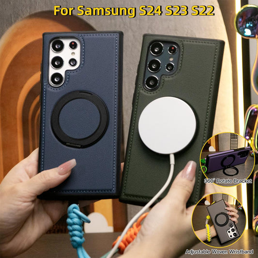 Luxury Full Leather Phone Case With Adjustable Woven Wristband For Magsafe Samsung S24 Ultra S23 S22 Ultra Plus Magnetic Rotate Metal Holder Stand Back Cover