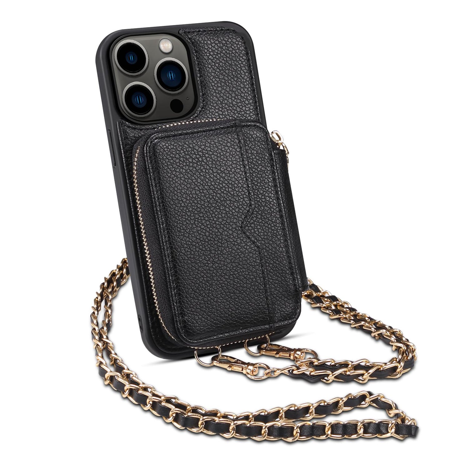 Zipper Crossbody Wallet Phone Case for iPhone 15 14 Plus 13 Pro Max Mirror Metal Chain Lanyard Card Slot Holder Leather Cover