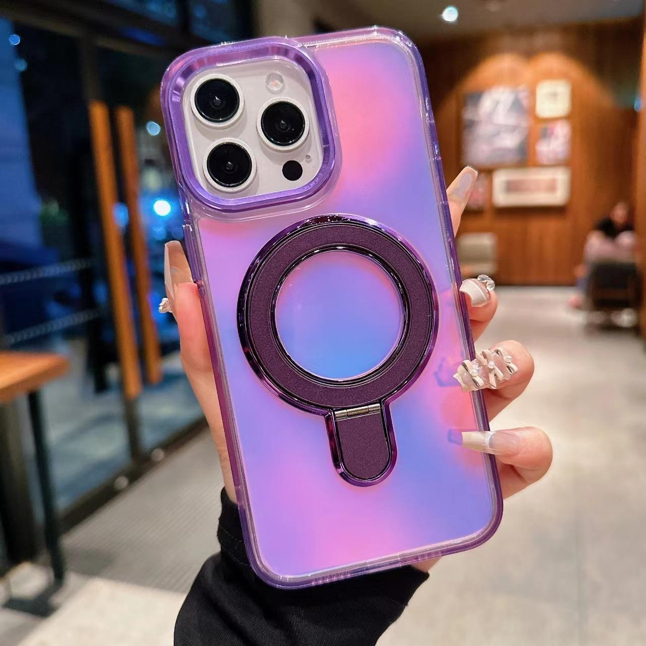 Strong Magnetic Kickstand Laser Gradient Chameleon For Magsafe Phone Case For iPhone 16 15 14 13 12 11 Pro Max Plus Metal Frame Acrylic Shockproof Hard Cover