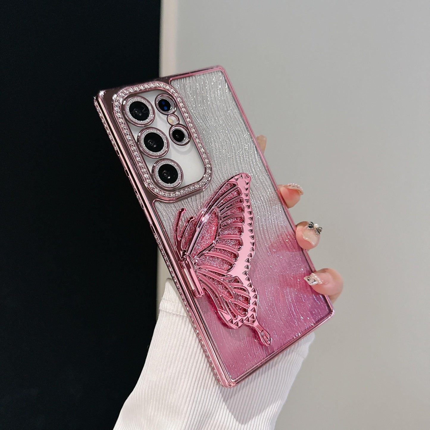 Luxury Glitter Diamond Butterfly Stand Water Ripple Phone Case For Samsung S24 S25 Ultra FE Plus Premium Plating Back Cover