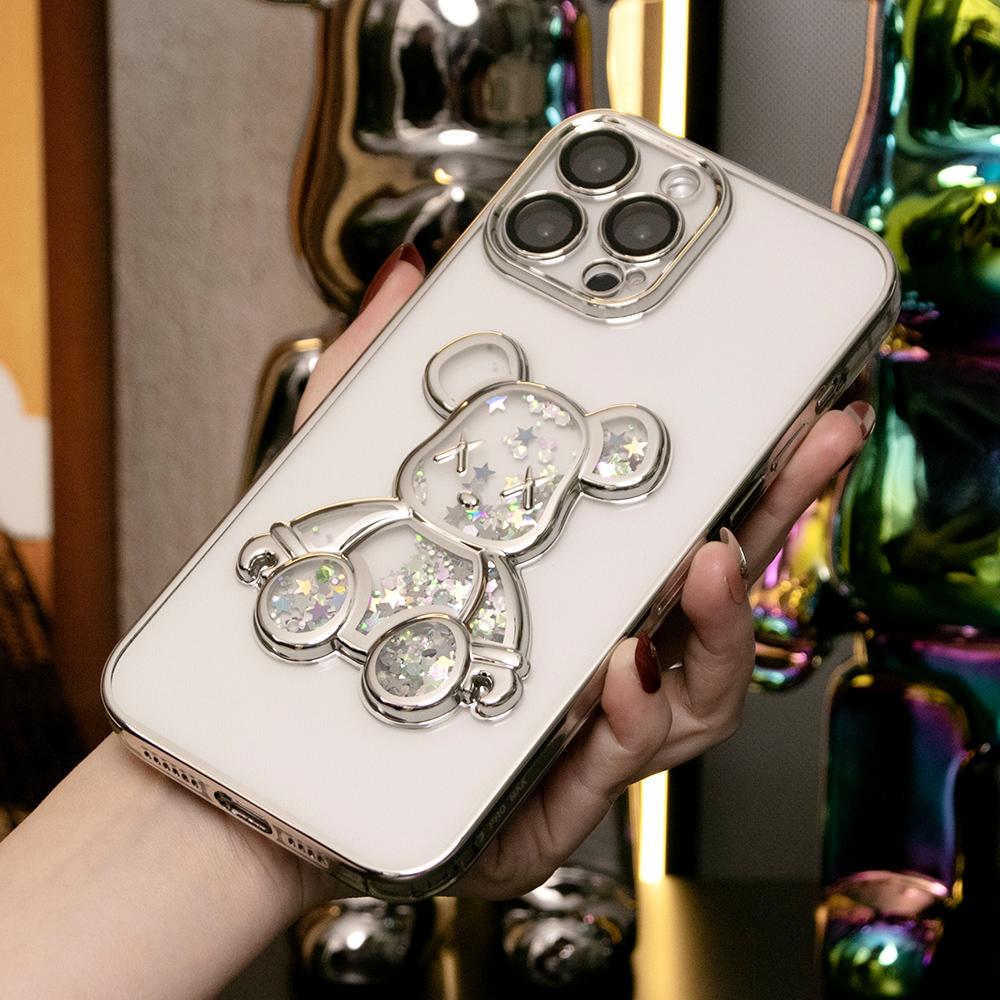 Cartoon Glitter Quicksand Bear Phone Case for iPhone 16 15 14 13 12 Pro Max