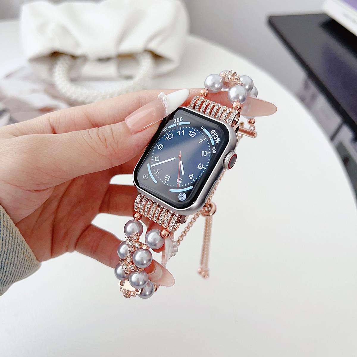 Dual Raw Pearl Chain Strap for Apple Watch 44mm Band 45 42 38 41 Ultra 49mm Link Bracelet for IWatch Series 9 8 7 6 SE 5 4