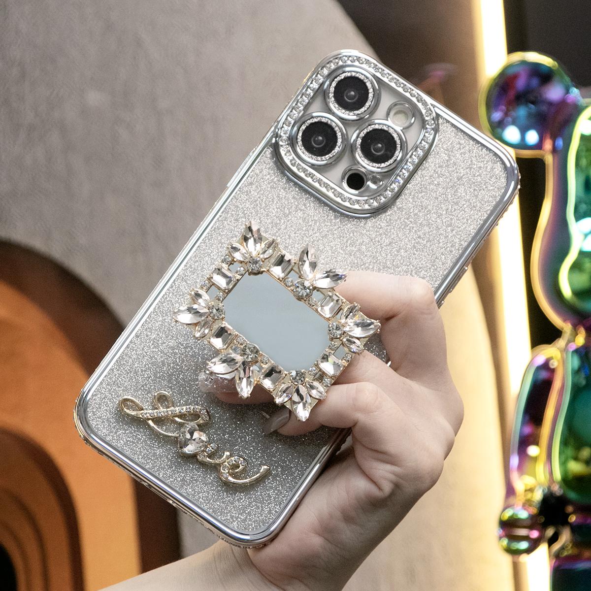 Plating Glitter Diamond Rhinestone Mirror Kickstand Love Phone Case For iPhone 16 15 14 13 12 11 Pro Max