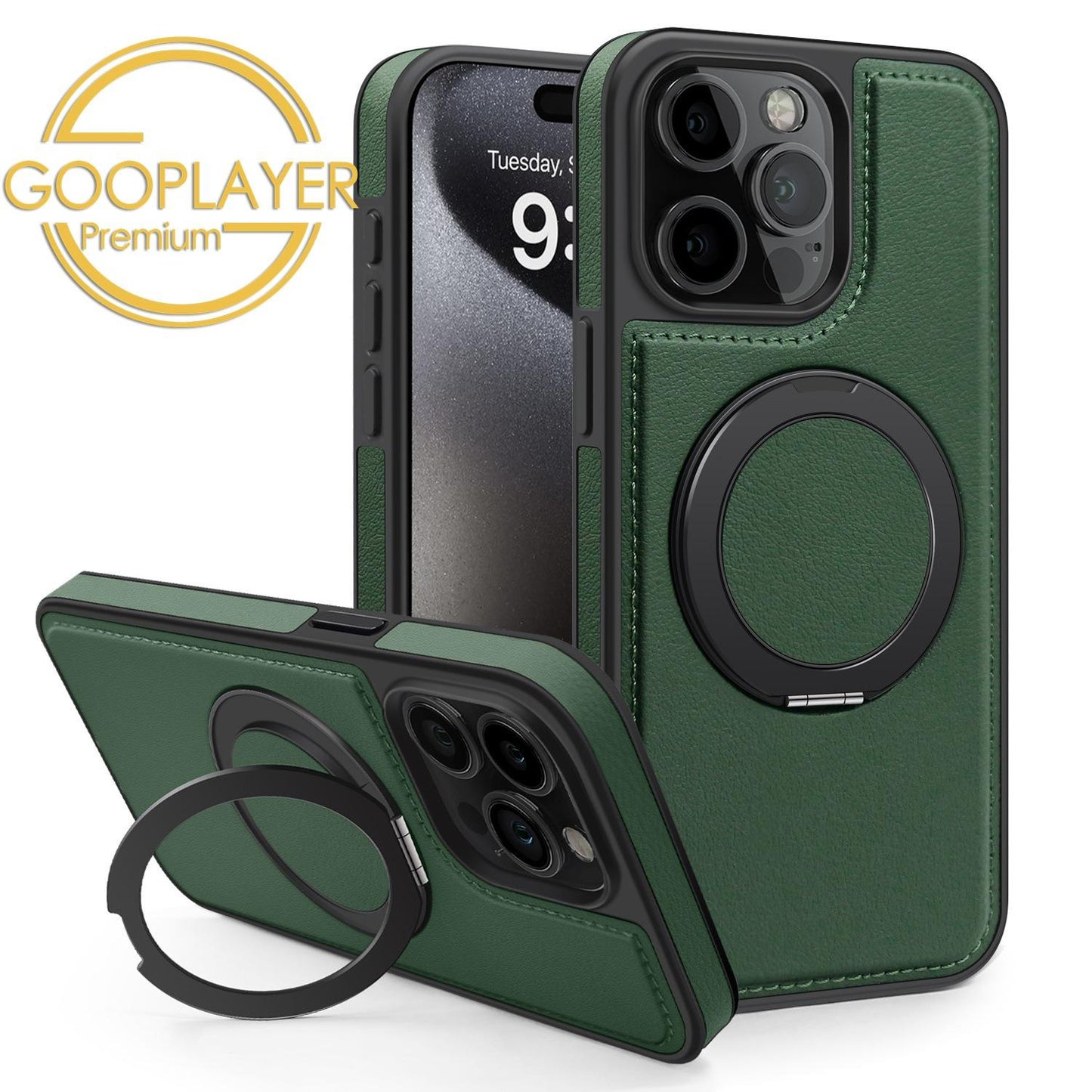 For iPhone 16 15 14 13 Pro Max Phone Case, Luxury Full Leather Case For Magsafe Support Wireless Charging Rotate Metal Magnetic Kickstand Back Hard Full Cover
