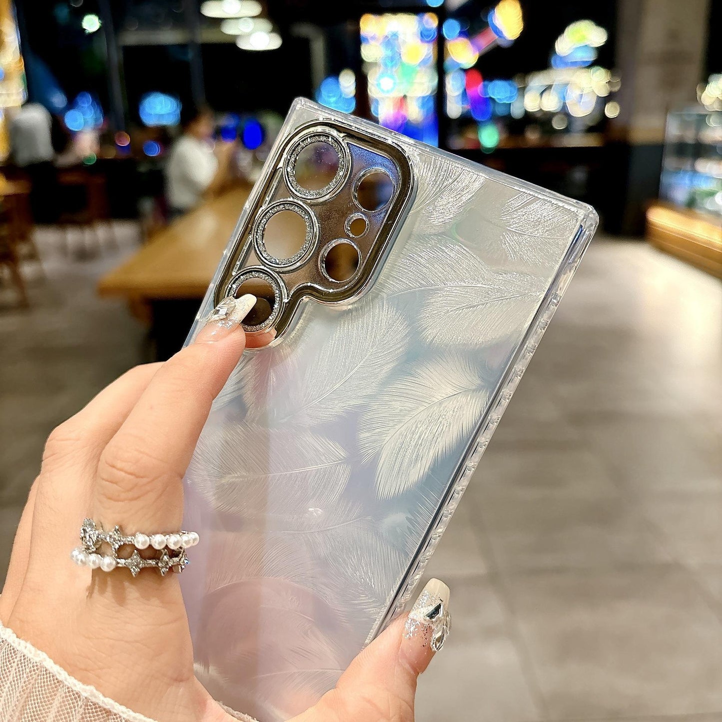For Samsung S25Ultra S25 S24 S23 S22 Phone Case, Luxury Electroplating Laser Feathers Silk Pattern Acrylic Slim With Glitter Len Protector, Full Camera Protection Non-Yellowing Hard Cover